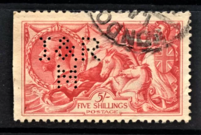 Great Britain SG 416 Cat £135 5 shillings Rose Red Seahorse Perfin I & R M Fine