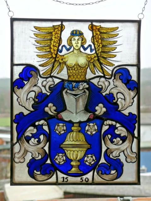 Bleiverglasung Fensterbild ältere meisterliche Glasmalerei / Ätzung Wappen