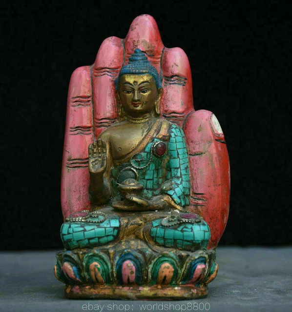 6" Tibet Bronze Gild turquoise Buddhism Shakyamuni Sakyamuni Buddha Hand Statue