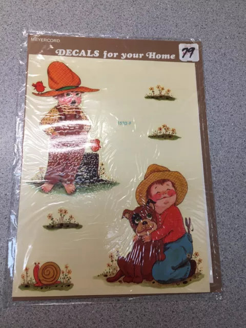 Calcomanía Meyercord vintage niño con perro, caracol pájaros tocón