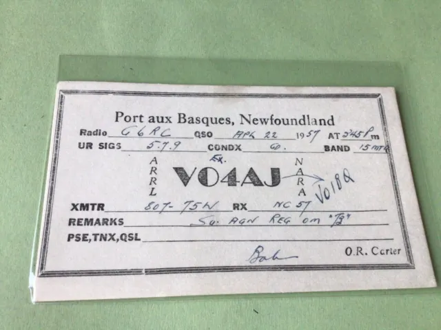 Vintage QSL Radio communication card Port Aux Basque Newfoundland 1957 Ref 52926