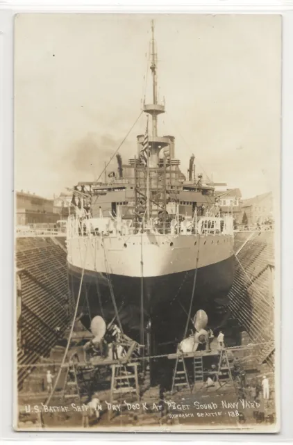 USS Wisconsin battleship, dry dock, Puget Sound Washington; photo postcard RPPC