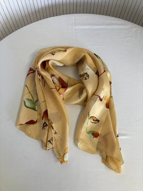 Foulard Carré En Soie Vintage - Motif Fleurs Et Cavalière Bleu - Très Bon état - Cadeau Femme