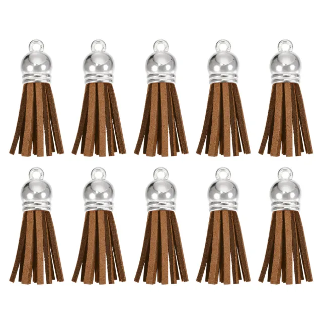 30Pcs 1.5" Leather Tassels Keychain Charm with Silver Cap for DIY, Coffee