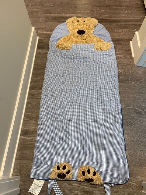 Pottery Barn Kids Furry Bear Sleeping Bag Blue and White Gingham