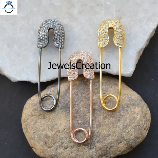 Genuine Pave Diamond Safety Pin Pendant Gold Plated 925 Silver Unisex Jewelry