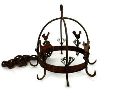 antique Hanging Butcher Rack Cast Wrought Iron 8 hooks French roosters Rustic