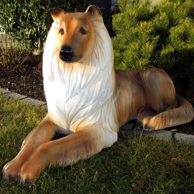 COLLIE lebensgroß 85 cm HUND liegend weiß gelb schwarz Garten Deko Tier Figur