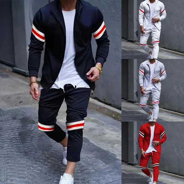 Hommes Survêtement Haut Coupe Slim Vêtements de Sport 2PCS Ensemble Debout Col