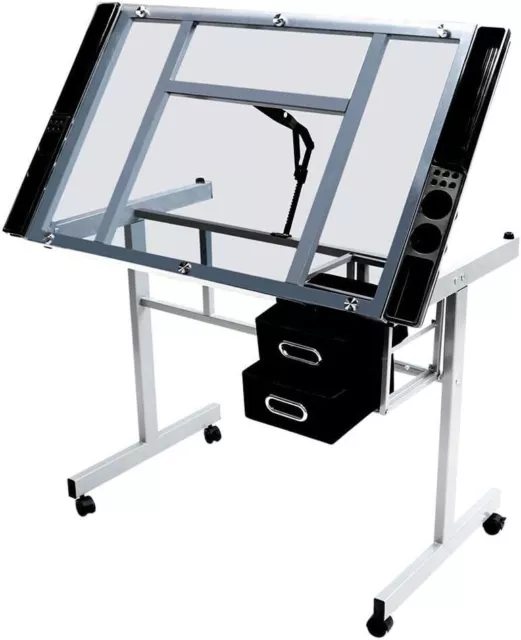 GLASS DRAFTING TABLE Rolling Drawing Desk Artists Art Craft Desk for ...