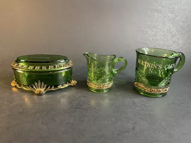 Antique Souvenir EAPG Green Glass Cups  Trinket Chicago Harrisburg Watkins