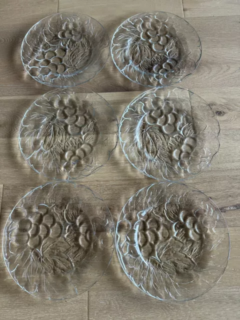 6 Vintage Grape Clusters& Leaves Embossed 10.5"Glass Dinner Plates KIG Indonesia