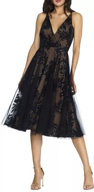 Dress the Population Courtney Veiled Fit & Flare Dress Black/Nude Size M