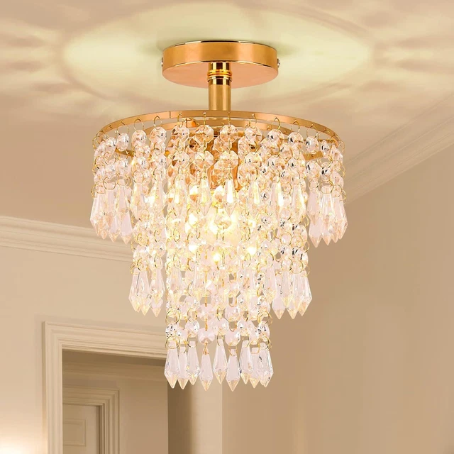 Mini Size Crystal Chandelier Modern Flush Mount Ceiling Light 3 Tiers E26 Base