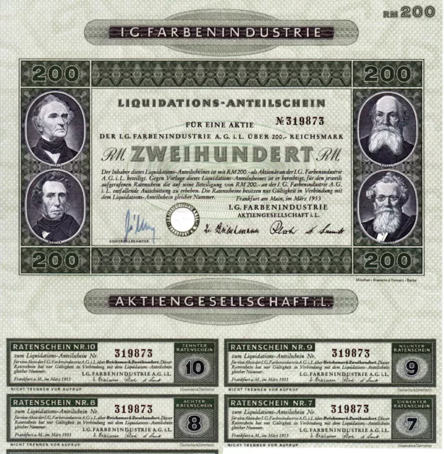 BRD Historisches Wertpapier Aktie IG Farben Liquis AG 200 RM Reichsmark 1953