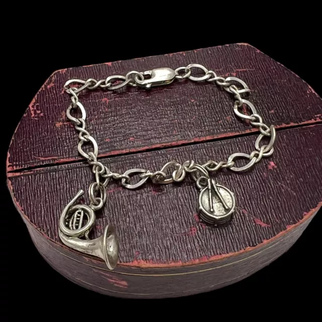 Antico Vintage Medio Secolo Argento Sterling Musica Tema Ciondolo Bracciale 9.1g