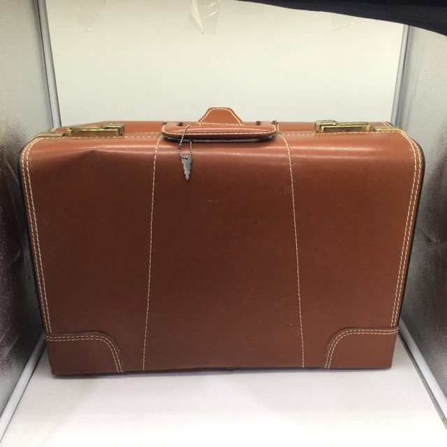 Leather Briefcase Attache Portfolio Brown Hardsided w/Key Businessman Vintage