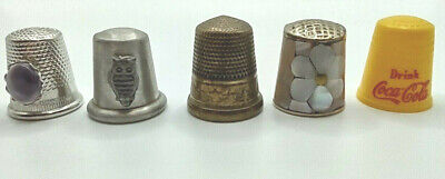 Lot of 5 Vintage Thimbles: Advertising, Cabochon, Mother of Pearl, Owl, Brass