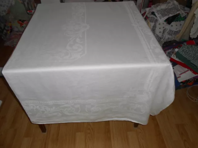 88X71 Vtg Antique FORMAL White IRISH LINEN Double DAMASK Tablecloth