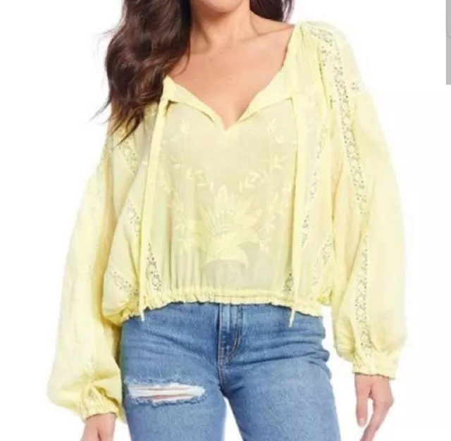 FREE PEOPLE Maria Maria Embroidered Lace Peasant Blouse WOMENS X-SMALL Lemon Gel