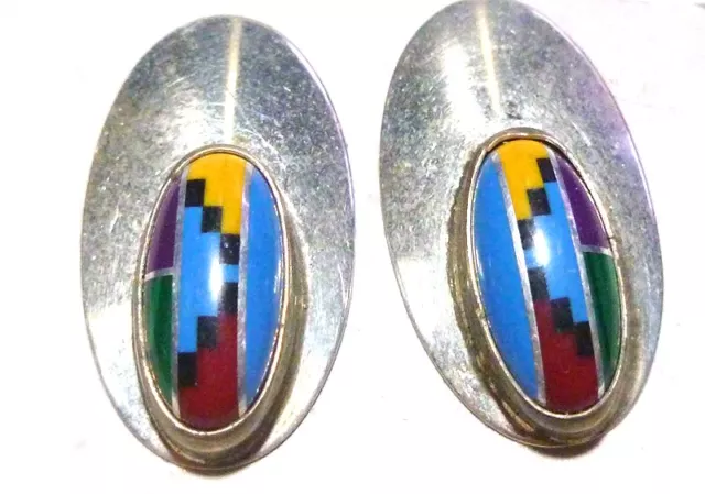 Sterling Silver Natural Stone Inlay Southwestern Womens Shield Earrings Pair