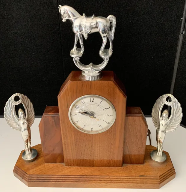 Vintage Art Deco MCM Lanshire Self Starting T3 Horse Clock Trophy Wood WORKS