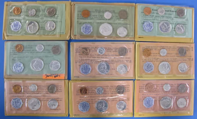 1957 thru 1964 Run of 9 Government Issued Proof Sets with 1960 small date