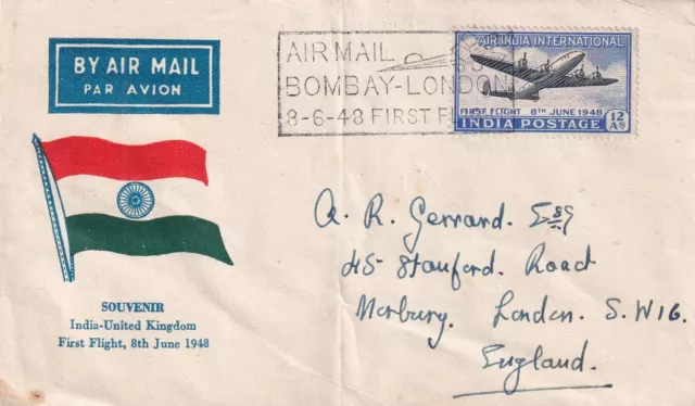 Indien - Vereinigtes Königreich Erstflug 8. Juni 1948 FDC