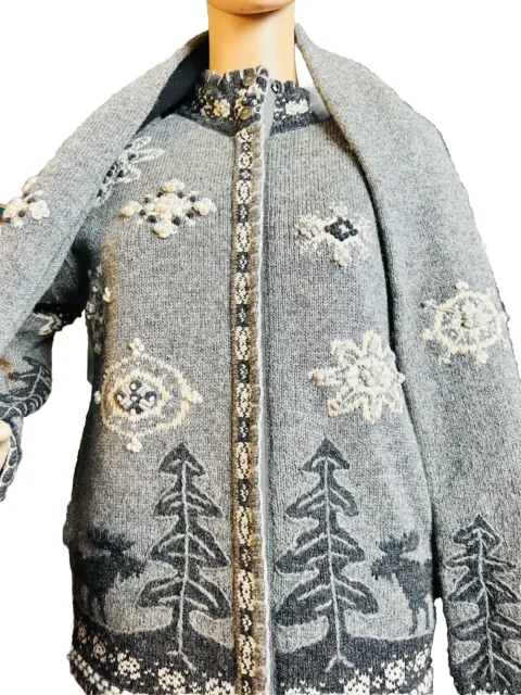 VTG Icelandic Wool Blend Cardigan Sweater W Matching Scarf Christmas Motif Small