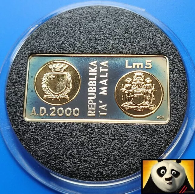 1999 2000 MALTA Lm 5 Lire Millennium Rectangle Silver & Gold Proof Coin + COA . 3