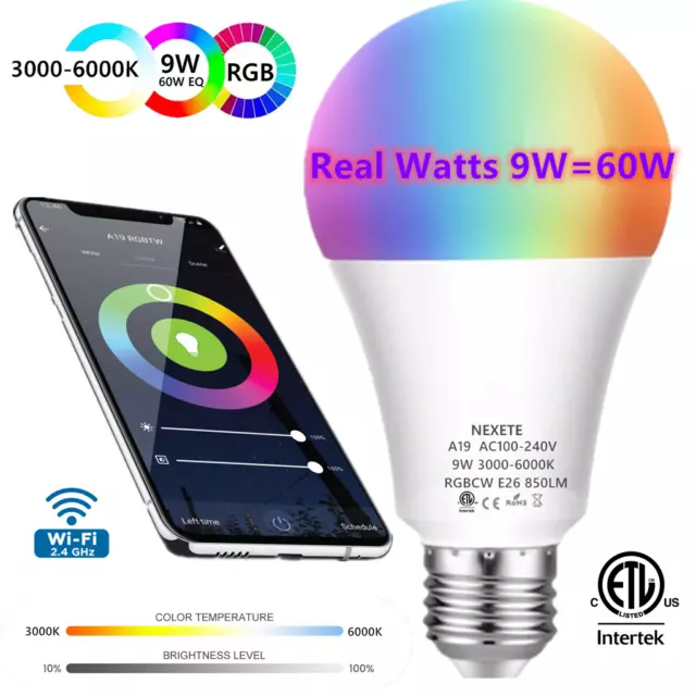 Wifi Smart LED light Bulb 9W(60W) A19 850LM RGBW Dimmable for Alexa/Google/Siri