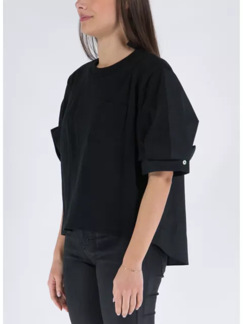 SACAI Black Cotton Stretch Knit Jersey Poplin Puff Sleeve Blouse T-Shirt Top 1