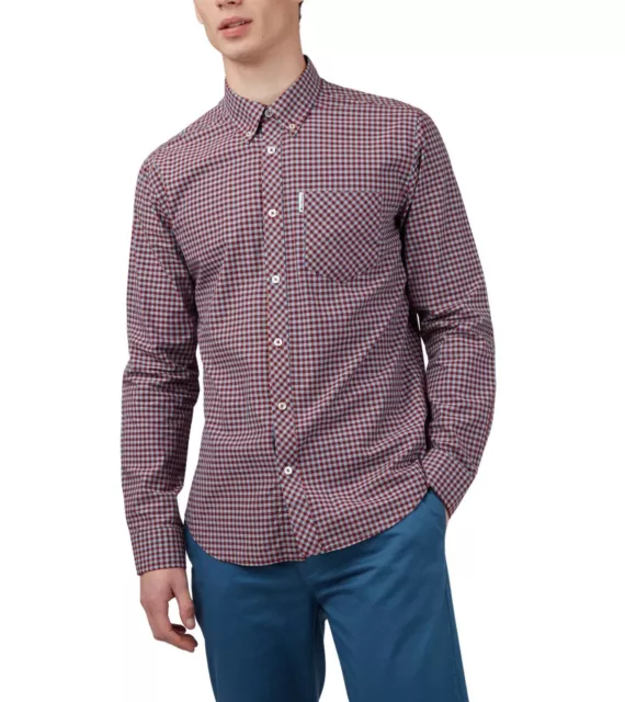 Ben Sherman Firma Gingham Hombres Camisa de Manga Larga Azul Oscuro 39124