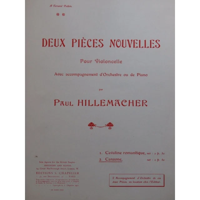 HILLEMACHER Paul Canzone Violoncelle Piano 1913