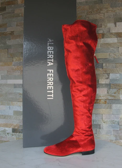 Alberta Ferretti Taille 35,5 Bottes Cuissardes Chaussures Velours Rouge Neuf