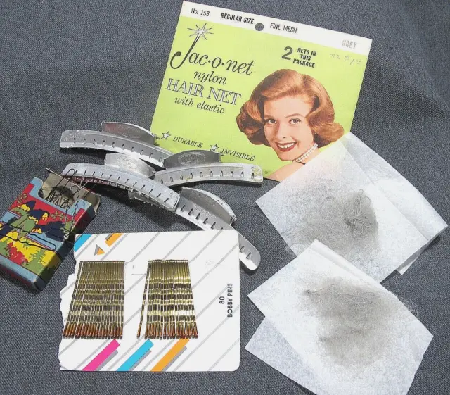 Vintage Jac-o-Net 2 gray hair nets + hair pins + wave hair clips lot