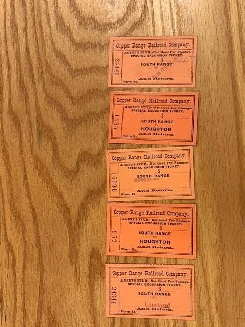 Five Vintage Copper Range Railroad Company Ticket Stubs 1908 And 1910 Nice!