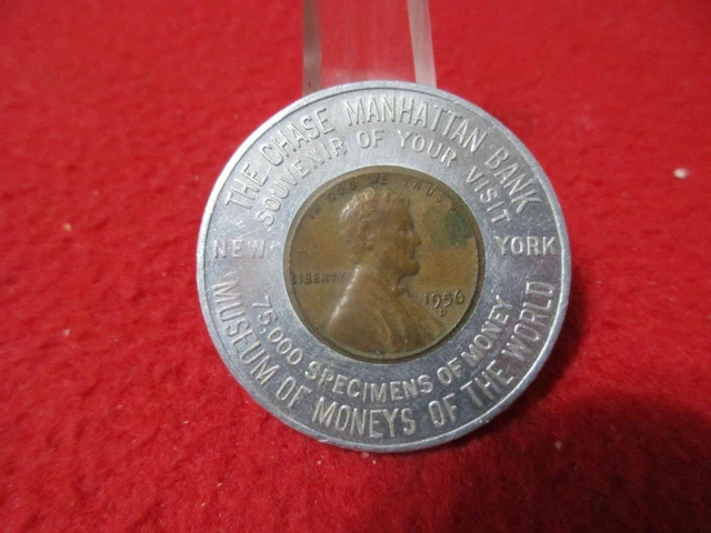 Encased 1956-D Lincoln Cent Good Luck Token Chase Manhattan Bank Museum  #T2649