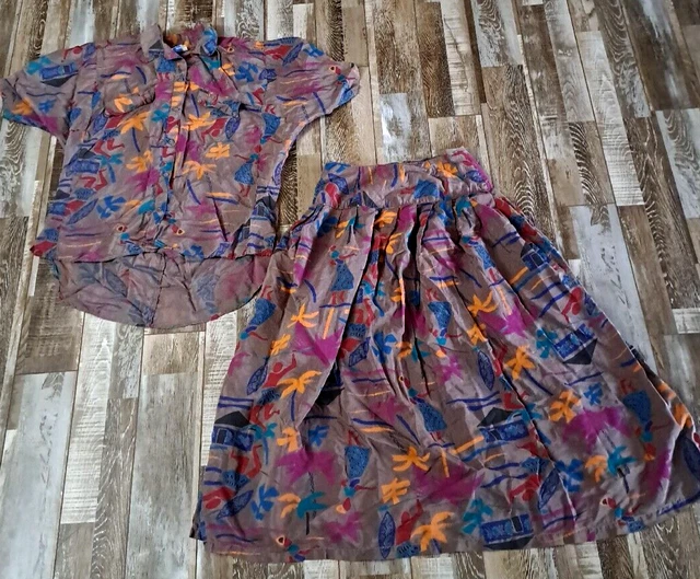 Womens Vintage Skirt Set 90s Graphic Tropical Surf Print Gray Rayon Blend S/M