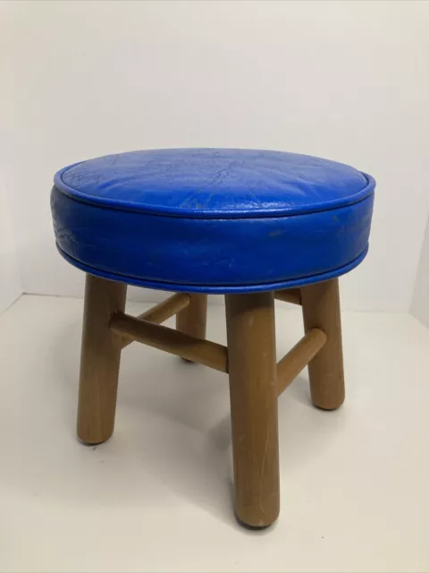 Vintage Round Mid Century Modern Style Blue Wood Foot Stool Retro 1970s