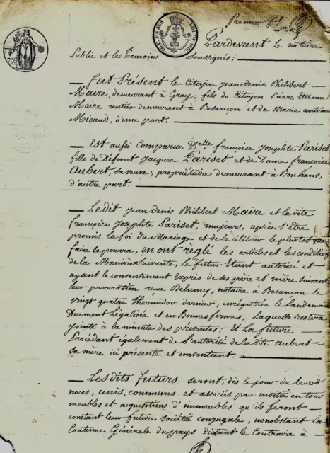 1803 Contrat de mariage Gray Bouhans MAIRE MICAUD et PARISET AUBERT