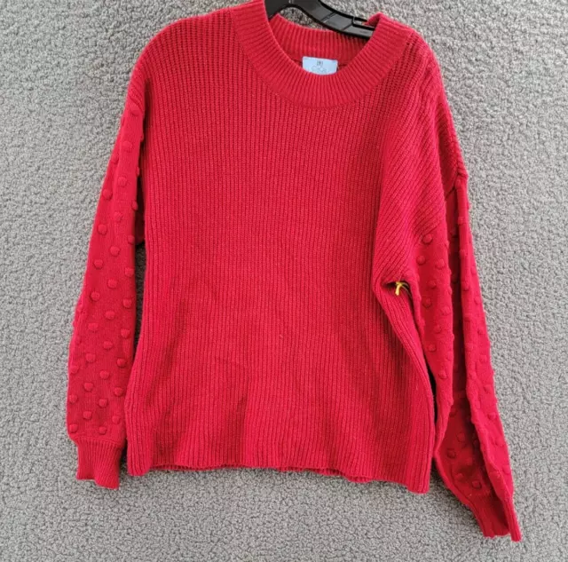 CeCe Ribbed 3D Polka Dot Pullover Sweater Women's L Red Crew Neck Long Sleeve