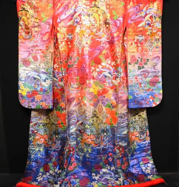 Japanese Kimono Uchikake Luxurious Wedding Pure Silk Phoenix Gold Silver japan