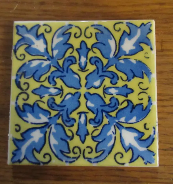 Rare Vintage DAL-TILE Mexican 4 x4  Tile Hand Painted Mustard/Blue