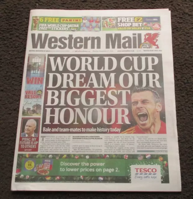 Western Mail (Wales) Newspaper  ~ Qatar ~21 November 2022 ~ Gareth Bale
