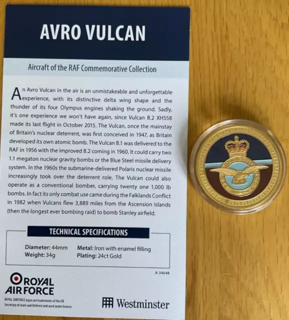 RAF COMMEMORATIVE COLLECTION 24ct Gold Coin Medallion Avro Vulcan V ...