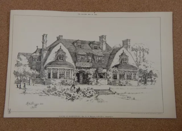 Antique Architects Print,House At Hampstead The builder 1890
