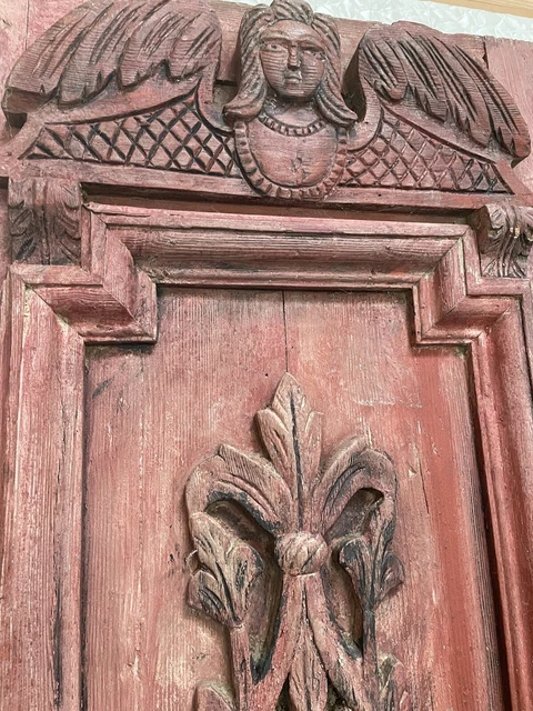 Antique, Ornate, Carved Cherub Red Doors 7.75 ft. Tall
