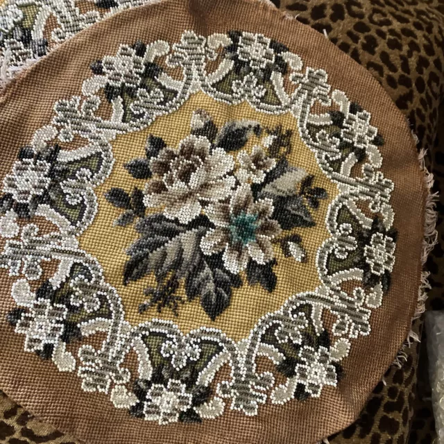 Antique Victorian  Beadwork Needlepoint  Panel One Of 2