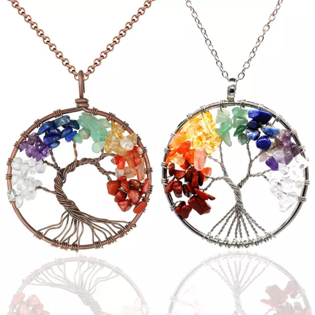 Natural Gemstone Tree of Life Pendant Necklace 7 Chakra Healing Crystal Charm 4